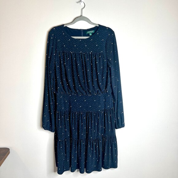 Lauren Ralph Lauren Navy Blue Polka Dot Drop Waist Ruffle Tiered Dress Sz 14 - Picture 1 of 5